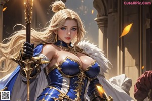 A woman in a blue and white outfit holding a sword.