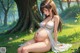 A pregnant woman in a white dress sitting under a tree.