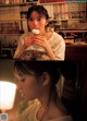 A woman sitting in front of a bookshelf eating a piece of food.